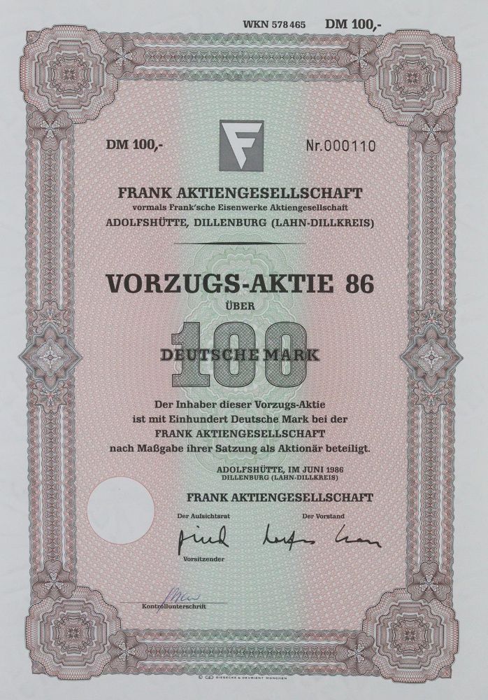 Große Abbildung Nr.4: 144-236 Frank'sche Eisenwerke Adolfshütte.: (Wirtschaft, Aktien)