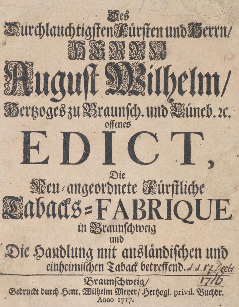 Große Abbildung Nr.1: 144-241 August Wilhelm, Herzog zu Braunschweig-Lüneburg.: (Wirtschaft, Tabak)