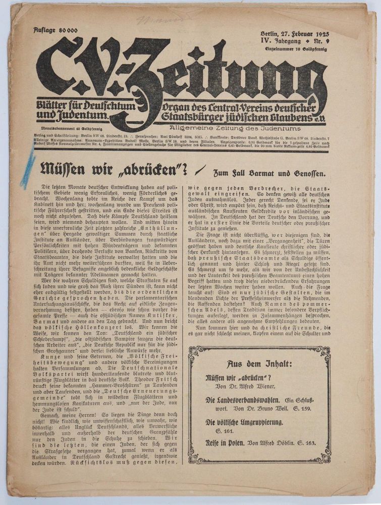 Große Abbildung Nr.1: 144-268 C.V.-Zeitung.: (Judaica)