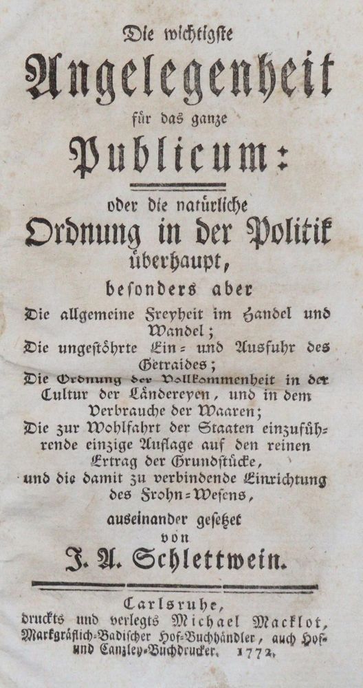Große Abbildung Nr.1: 144-366 Schlettwein,J.A.: (Jus der Bibliothek v. Prof. Thomas Würtenberger, Politik und Staatswissenschaften)