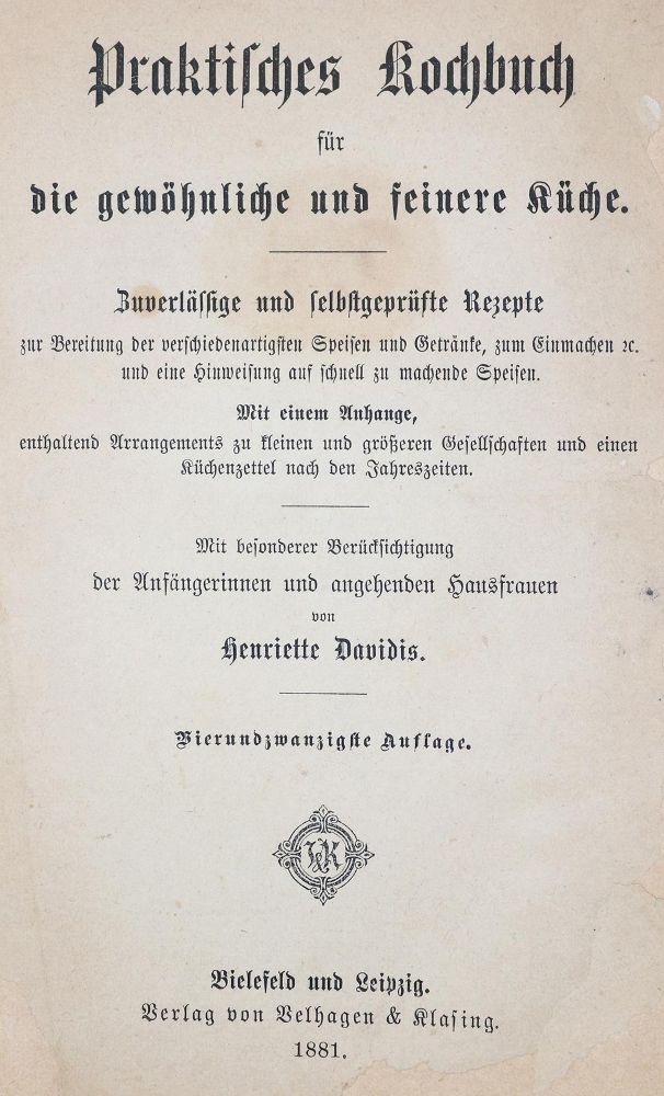 Große Abbildung Nr.2: 144-546 Davidis,H.: (Küche und Haushalt, Kochbücher)