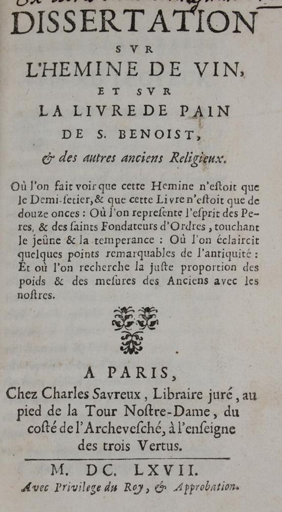 (Lancelot,C.). – Dissertation sur l'hemine de vin, et sur la livre de pain de S
