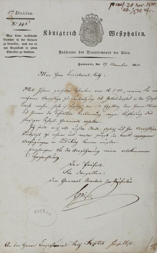 Ганновер. – Acta касательно роспуска дворцовой общины в 1810 году (рукописный заголовок)