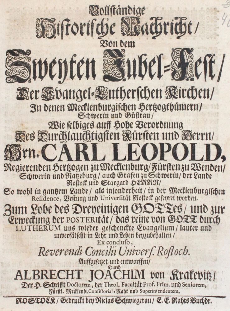 Krakevitz,A.J.v. – Vollständige Historische Nachricht, Von dem Zweyten Jubel-Fest, Der Evangel-Lutherschen Kirchen, In denen Meck
