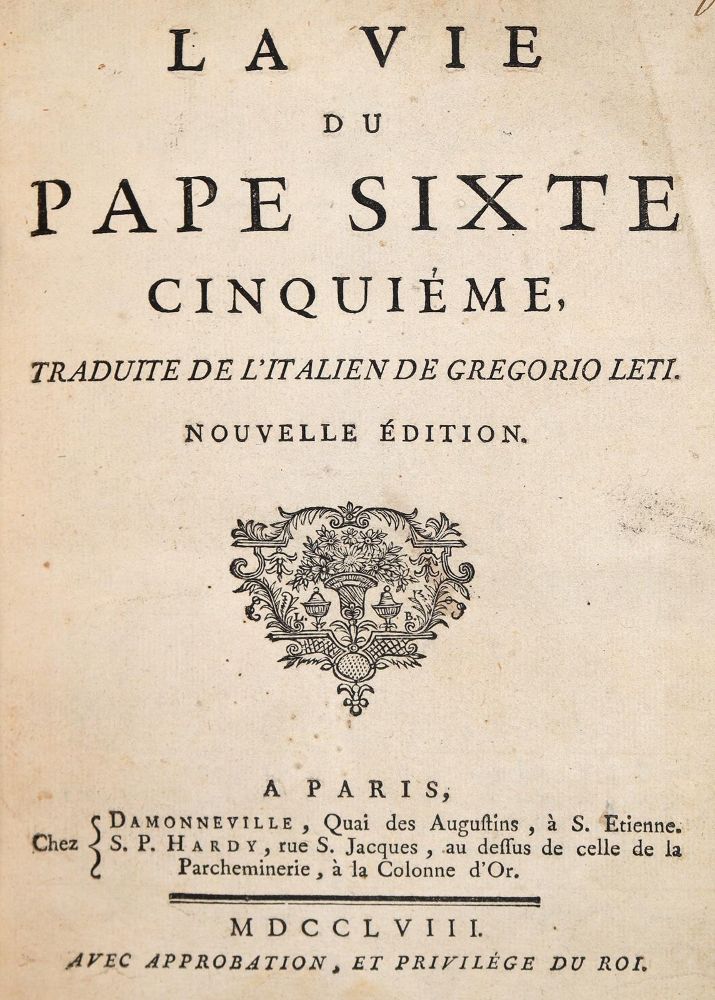 Vie du Pape Sixte Cinquieme, La. – Traduite de l'Italien de Gregorio Leti