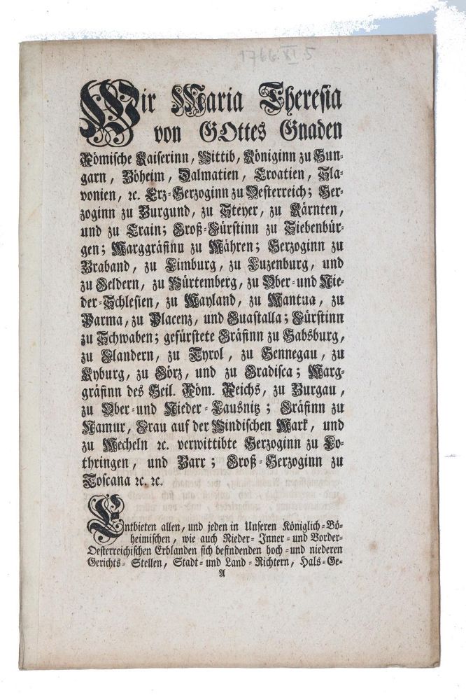 Maria Theresa, Archduchess of Austria. – Article on sorcery, witchcraft, fortune-telling and the like