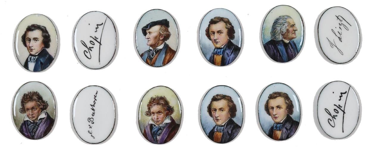 Miniaturen, componisten. – 12 miniatuurschilderingen op emaille
