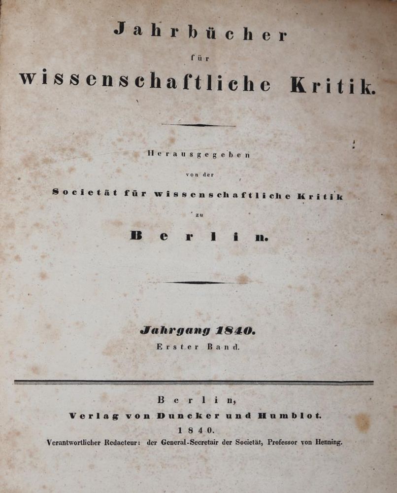 Große Abbildung Nr.1: 145-526 Jahrbücher für wissenschaftliche Kritik.: (Zeitschriften und Zeitungen)