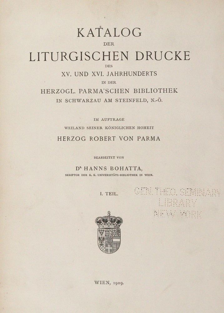 Bohatta,H. – Catalogue des imprimés liturgiques des XV
