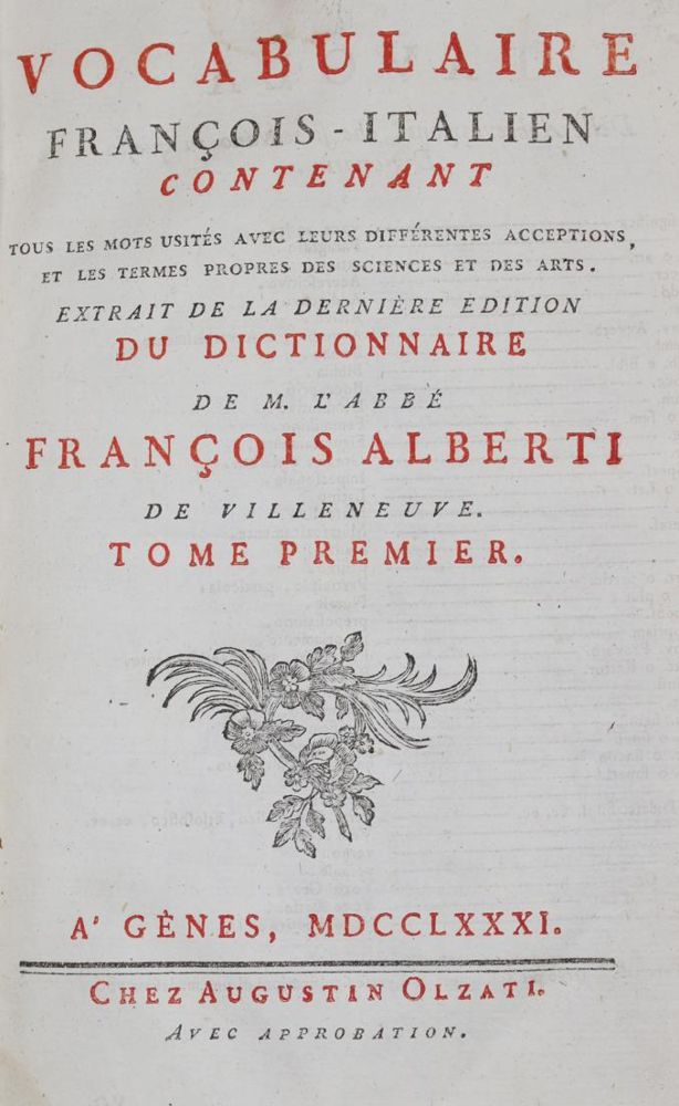 Alberti di Villanuova,F.d'. – Vocabulaire francois-italien..