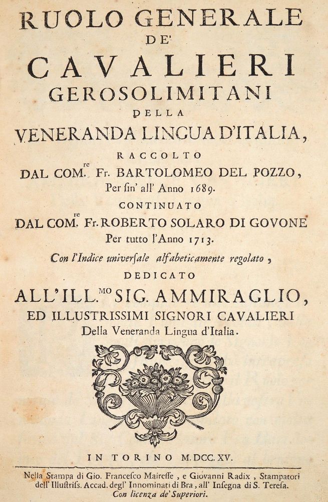 Dal Pozzo,B. – Ruolo generale de' Cavalieri Gerosolimitani della Veneranda lingua d'Italia