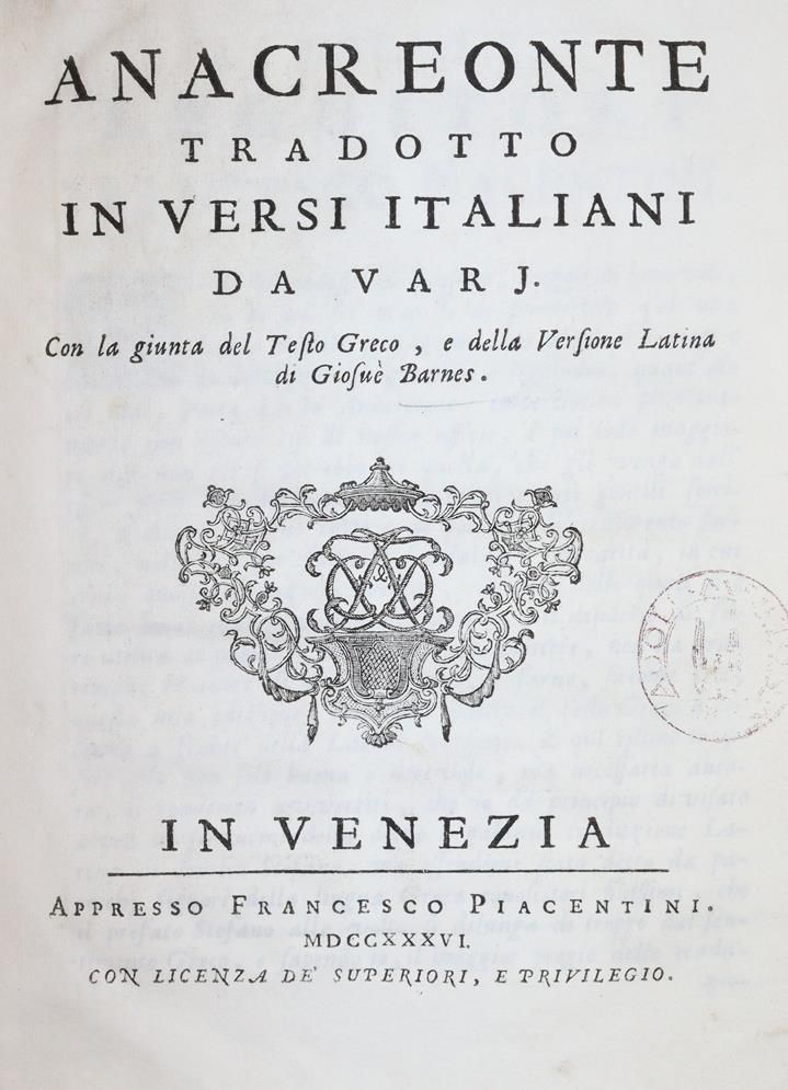 Anacreonte – Tradotto In Versi Italiani, Venezia, Francesco Piacentini